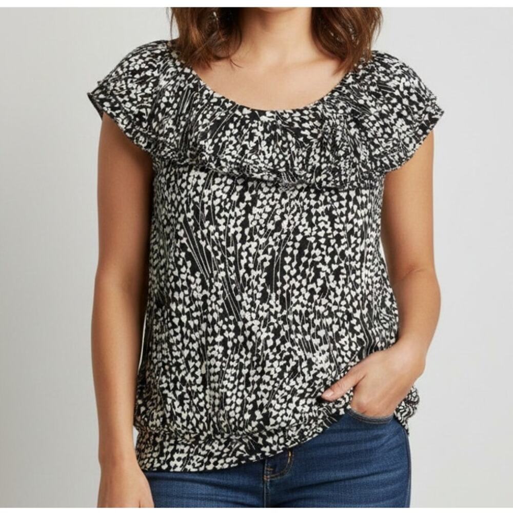 ELLE Womens Small Blouse Black White Floral Cotton Modal Off Shoulder
